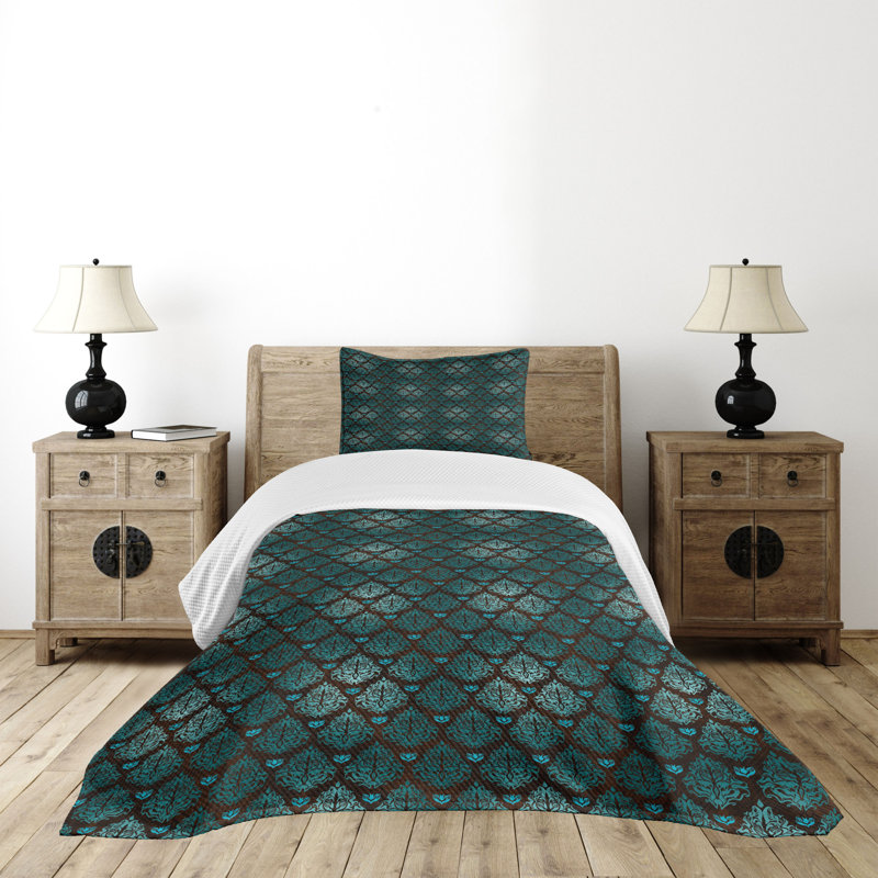 Teal and Brown Quilted Twin Bedspread Set with Pillow Sham
