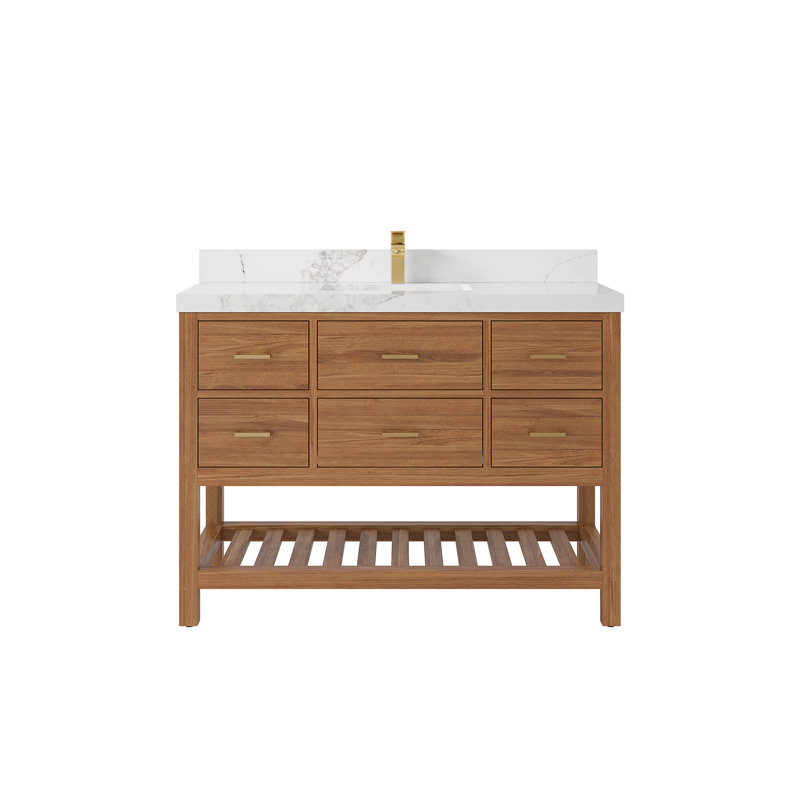 Meuble-lavabo simple en teck Parker l 48 po x P 22 po x H 36 po, Calacatta Nuvo