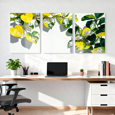 Cœur en forme de feuilles jaune et vert motif de plantes sur toile tendue, reproduction d'art sur toile, ensemble de 3, pour salon, chambre à coucher, décoration intérieure