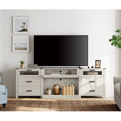 Meuble télé - Centre de divertissement à 6 tiroirs pour téléviseur de 100 po - Console de rangement avec tablettes ouvertes - Unité multimédia en bois pour le salon et la chambre à coucher