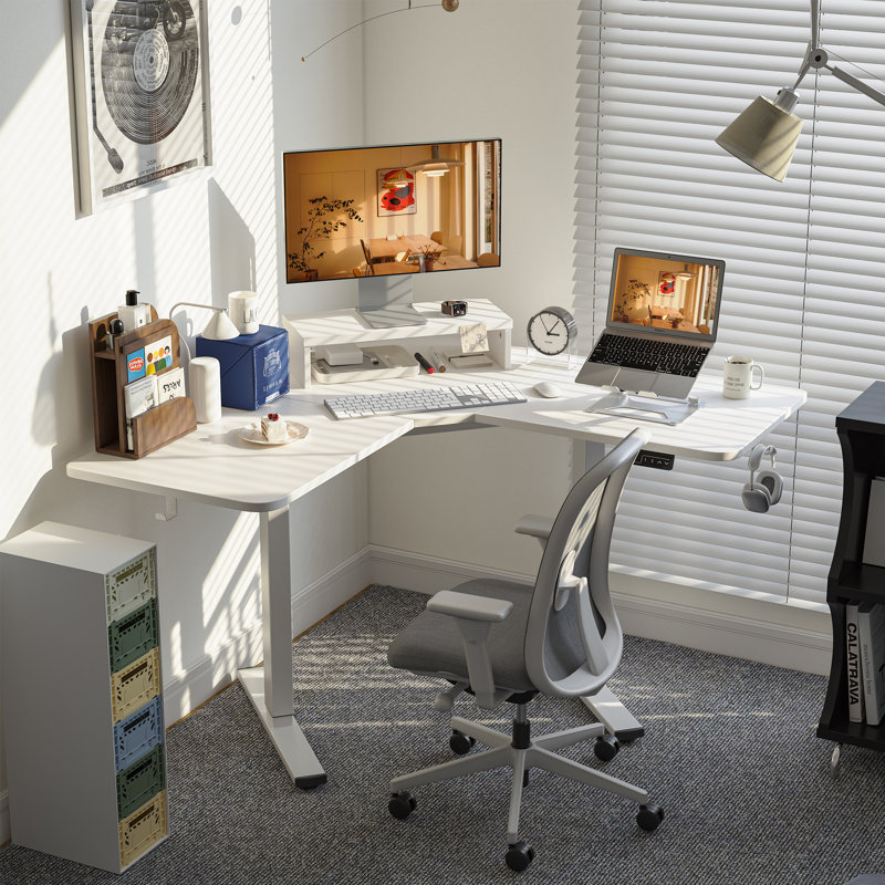 Nibbi Adjustable L-Shaped Metal Base Writing Desk, White
