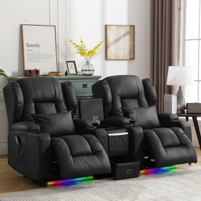 Aguilera Recliner Chair Set with Multi-Functional Console, LED Light/Cup Holders/Charging/Free Pillows