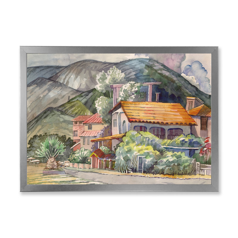 Paysage grec au large de la mer Égée - peinture sur toile, H 12 po x l 20 po x p 1 po, Cadre photo argenté