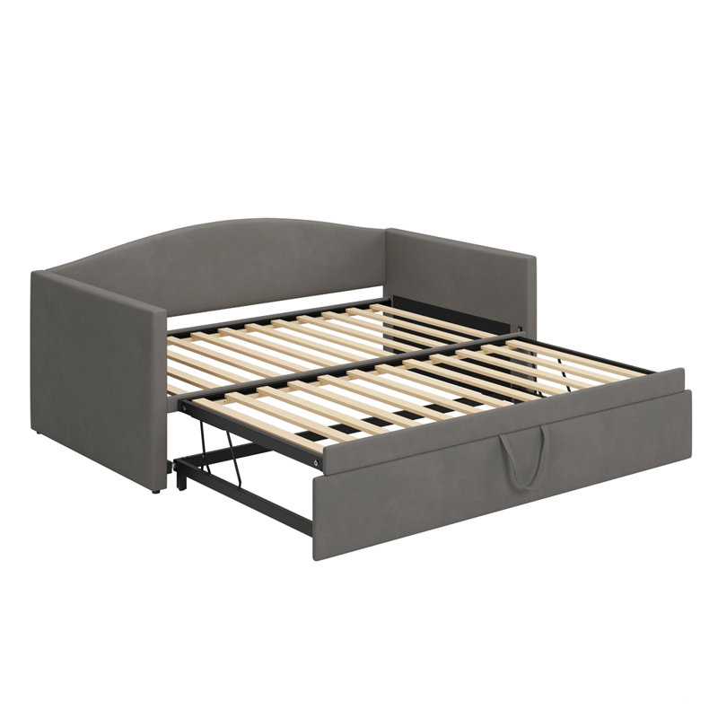 Velvet Upholstered Sofa Bed Daybed Twin Size Daybed with Extended Pop Up Trundle, Gray