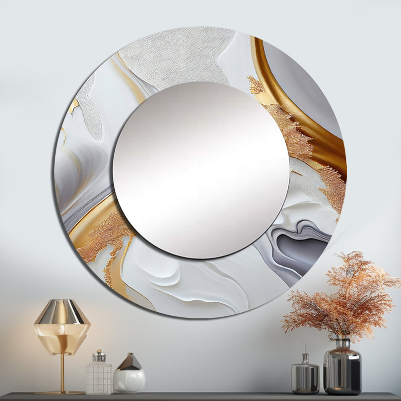 Pachston, marbre blanc et or abstrait I - grand miroir en marbre, décor de miroir mural rond unique moderne, art imprimé en métal