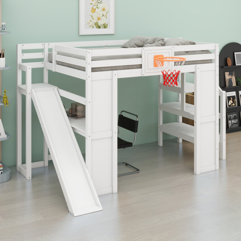 Loft Bed with Desk, Basketball Hoop, Slide and Staircase, White
