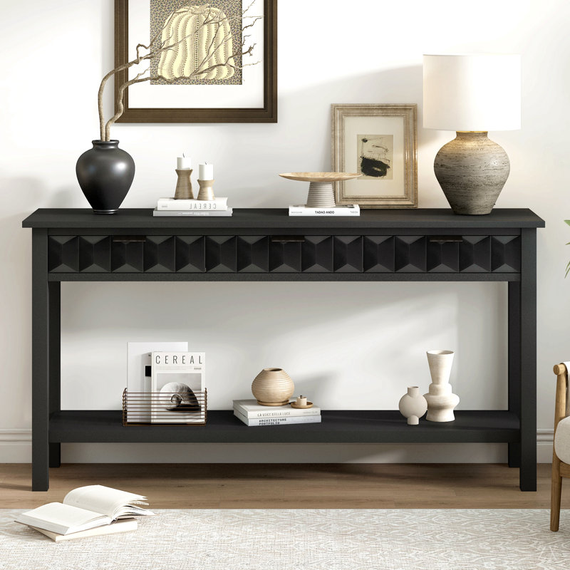 Table d'entrée 58,3 po en placage de sapin avec façades en nid d'abeille, console moderne et élégante avec 3 tiroirs et pieds en sapin massif, convient au salon, au vestibule, au couloir, au bureau, au vestibule