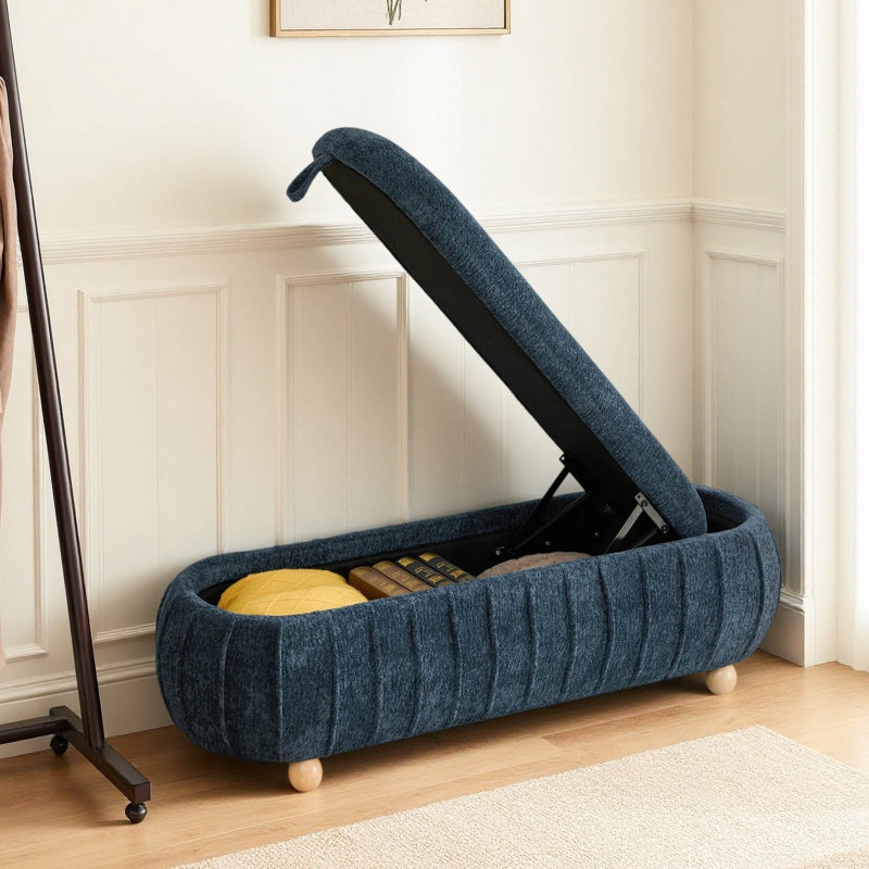Banc d'appoint ovale rembourré de 55 pouces avec rangement, couvercle rabattable et pieds en bois massif, Blue