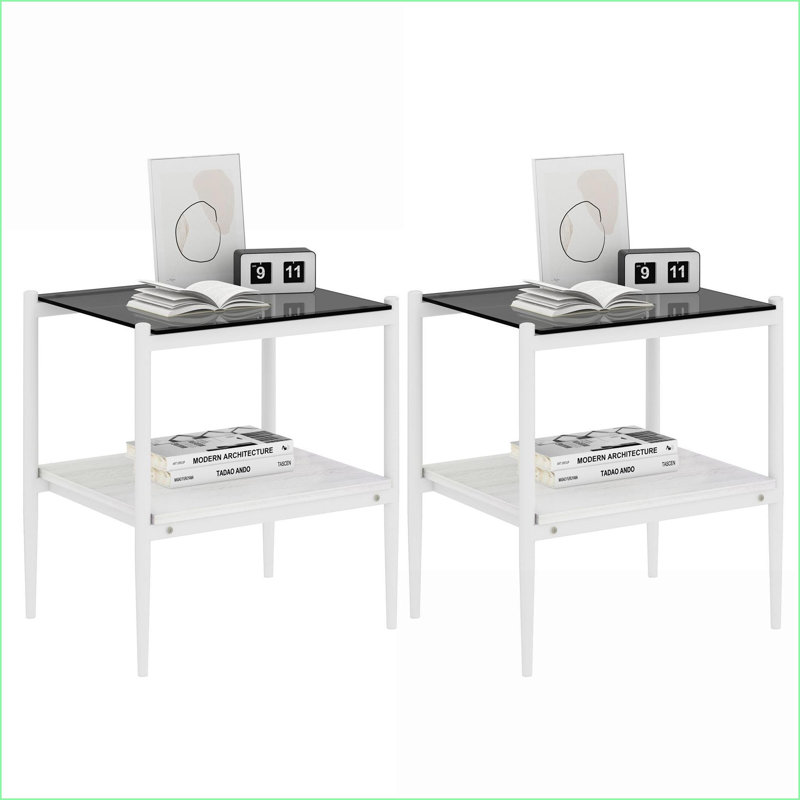 Ensemble de tables basses en verre trempé gris et panneau de fibres à densité moyenne pour le salon, facile à nettoyer et amplement de rangement