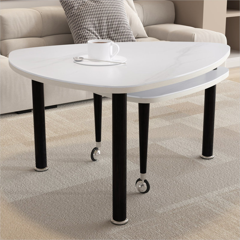 Table basse gigogne 37,4 pouces avec plateau en pierre frittée rotatif, blanc et noir mat
