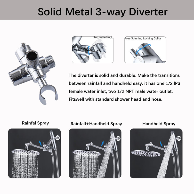 All-Metal Dual Shower System - 10" Rainfall Shower Head & Handheld Spray With 3-Way Diverter, Adjustable Extension Arm & 71" Hose