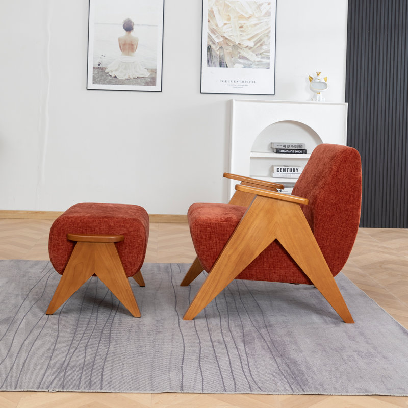 Upholstered Armchair with Footstool, Orange, 1
