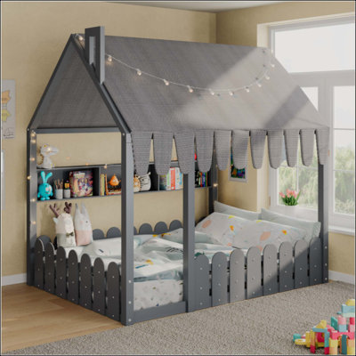 Lit pour enfants Montessori, lit sur pied avec garde-corps, tente, lumières et 3 tablettes de rangement