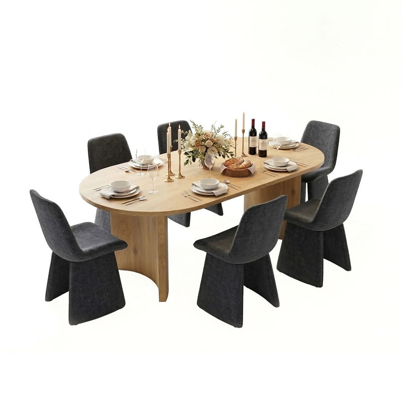 79" Oval Dining Room Set For 6, Modern Wood Grain Dining Room Set With Upholstered Dining Chairs, Black