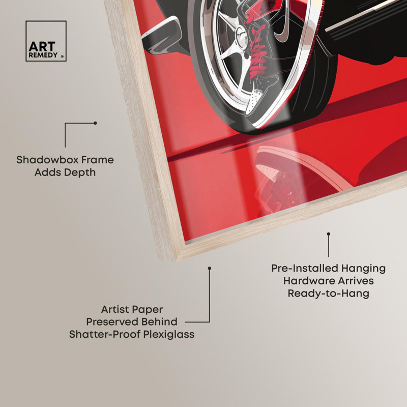 «Red Bold Sneaker and Car Shadowbox», impression d'art mural par Art Remedy, Crème, crème, H 25 po x l 17 po