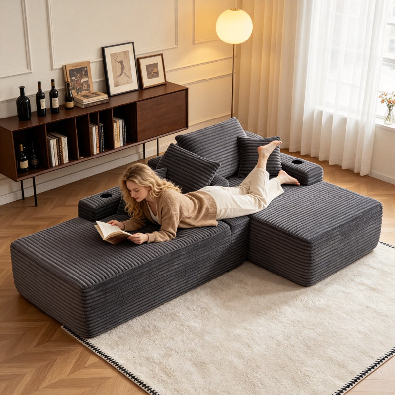 Canapé d'angle Cloud de 175 cm avec double méridienne et rembourrage à ressorts, canapé moelleux sans assemblage pour salon moderne, gris