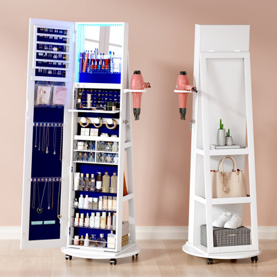 360° Rotatable Jewellery Mirror Cabinet with Built-in Lighted Mirror, Lock, Multi-functional Jewellery Storage and External Racks
