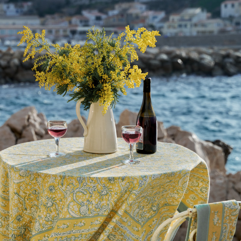 La Mer Handmade Floral Tablecloth, 90" Square, Yellow/Teal