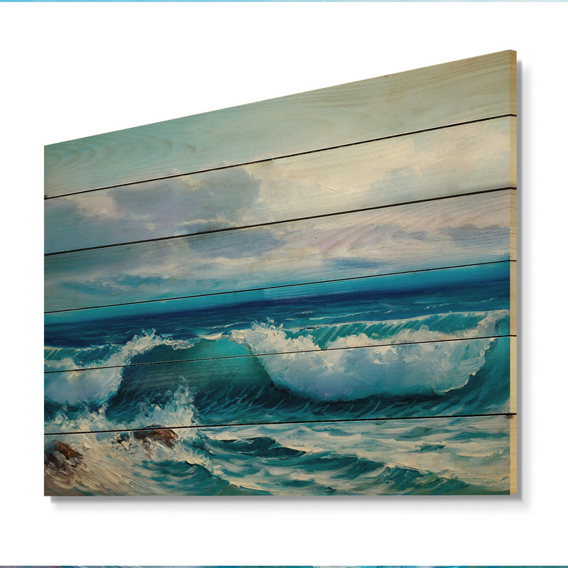 Magnifique coucher de soleil sur l'océan bleu et vagues III - peinture sur bois sans cadre, H 8 po x l 12 po x P 1 po