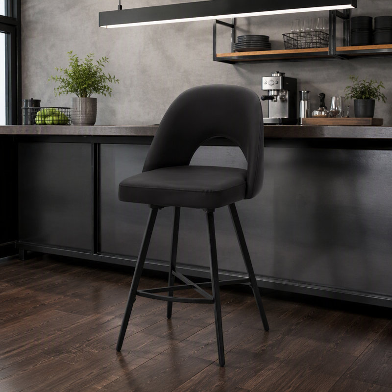 Tabouret de bar, hauteur de 39 po, ensemble de 2, hauteur de comptoir, pivotant, cuisine, aspect cuir noir, métal noir, contemporain, moderne