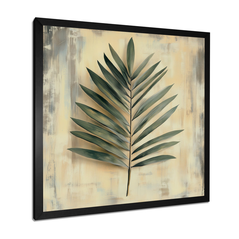 Feuille de palmier sauge - Toile tendue sur châssis, style botanique, H 44 po x l 44 po, Cadre photo noir
