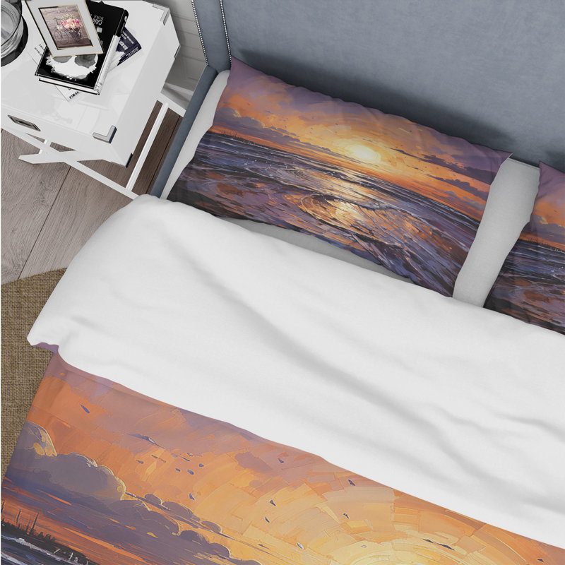 Ensemble de housse de couette jaune et mauve Sunset Embrace III - Coastal Sunset, Housse de couette pour très grand lit