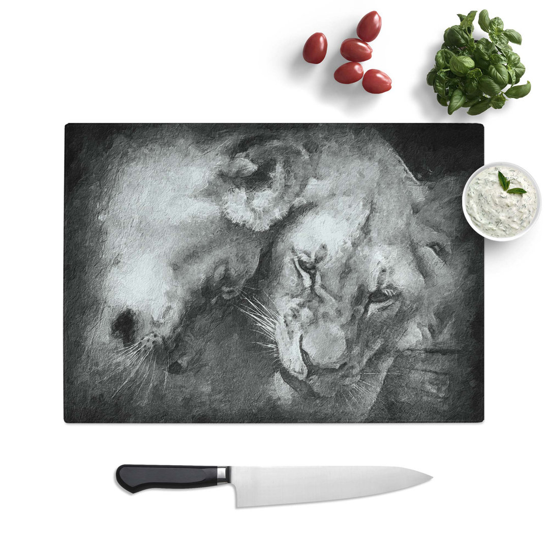 Tempered Glass Two Snuggling Lions Chopping Board