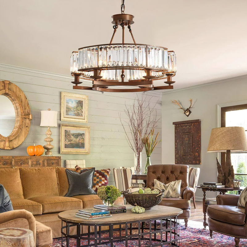 6-Light Dimmable Drum Crystal Chandelier, Brown