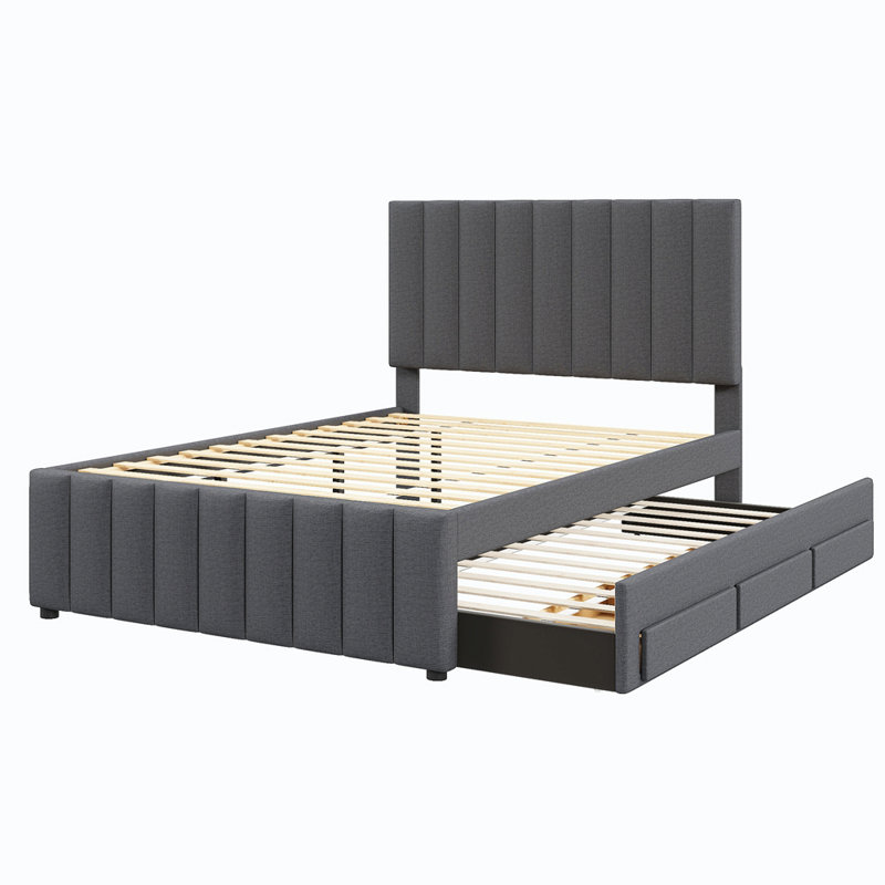 Lit plateforme tapissier avec lit gigogne simple et 3 tiroirs, Complet/Double, Beige