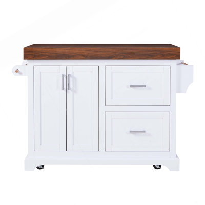 53" Large Kitchen Island With 3.5" Thick Desktop, Spice And Towel Racks, Rolling Kitchen Island With Storage On 5 Wheels, 2 Extra-Large Drawers, For Home, Kitchen, Dining Room