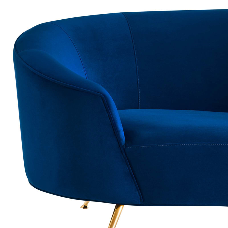 Navy Velvet Curved Sofa with Gold Legs and Sloped Arms