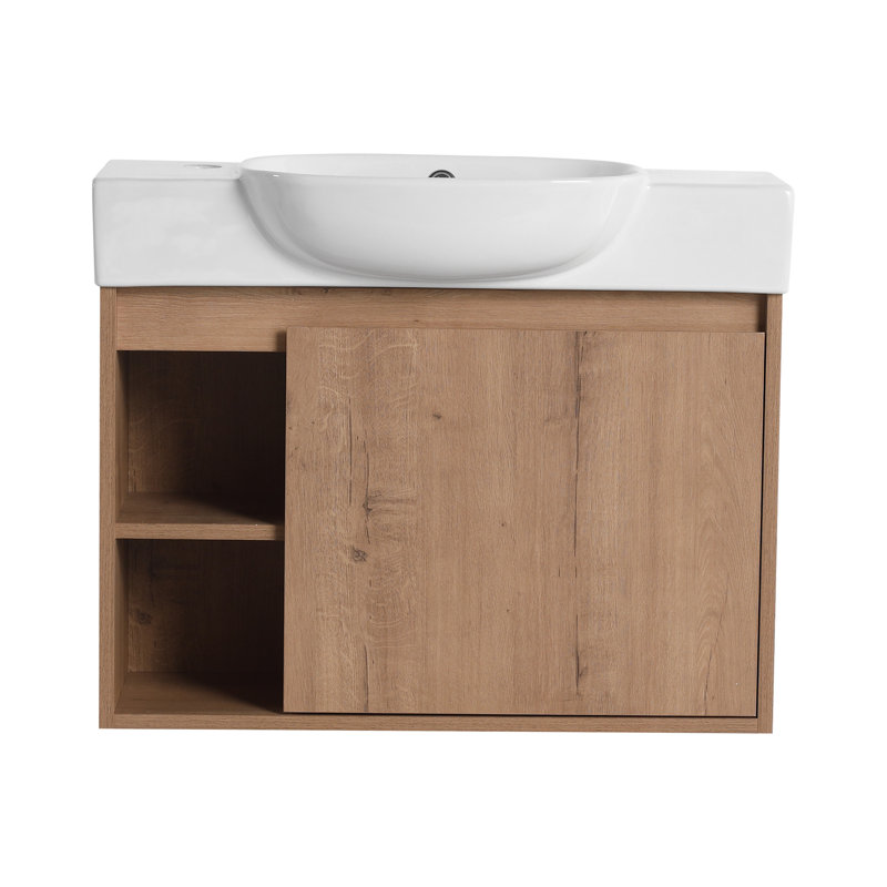 26'' Wall-Mounted Bathroom Vanity with White Ceramic Sink & Soft-Close Door, Imitative Oak