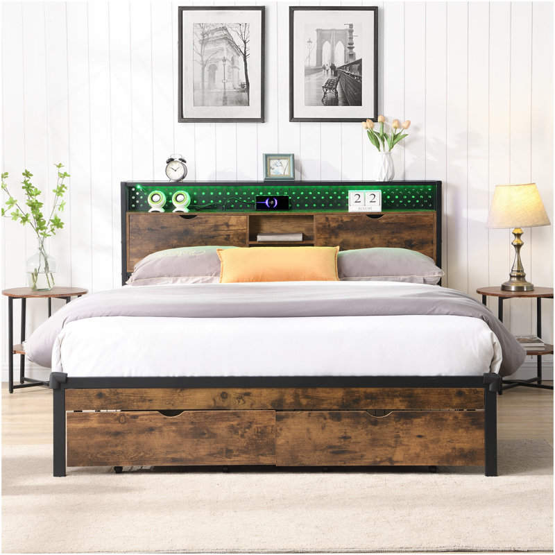 Structure de lit plateforme très grand en métal avec tête de lit en bois et pied de lit USB, station de charge, 2 tiroirs, rangement, lumières DEL, aucun sommier requis, assemblage facile