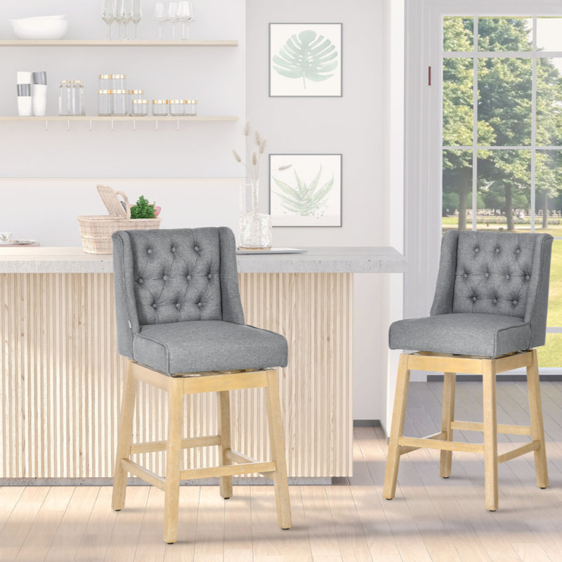 Bar Height Bar Stools Set Of 2, 180 Degree Swivel Barstools, 30" Seat Height Bar Chairs With Solid Wood Footres And Button Tufted Design, Grey