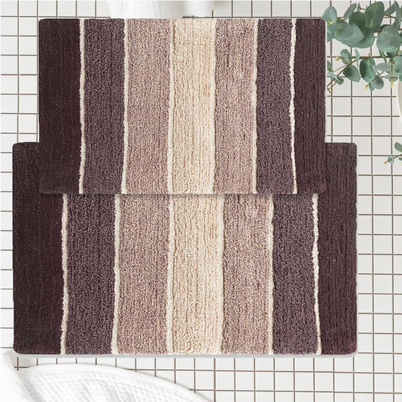 Ensemble de 2 tapis de bain à rayures antidérapants 100% coton Cervantes, Beige / Blanc, 21''x34''/17''x24''