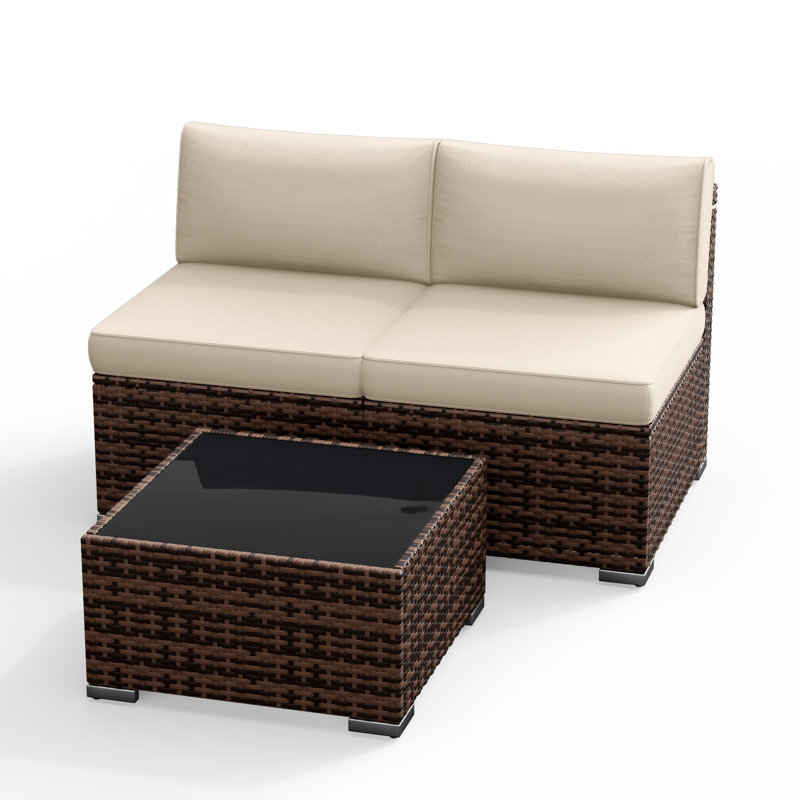 Ensemble de conversation d'extérieur de 3 pièces H 26,3 po Comanche avec osier PE et structure en acier., Beige