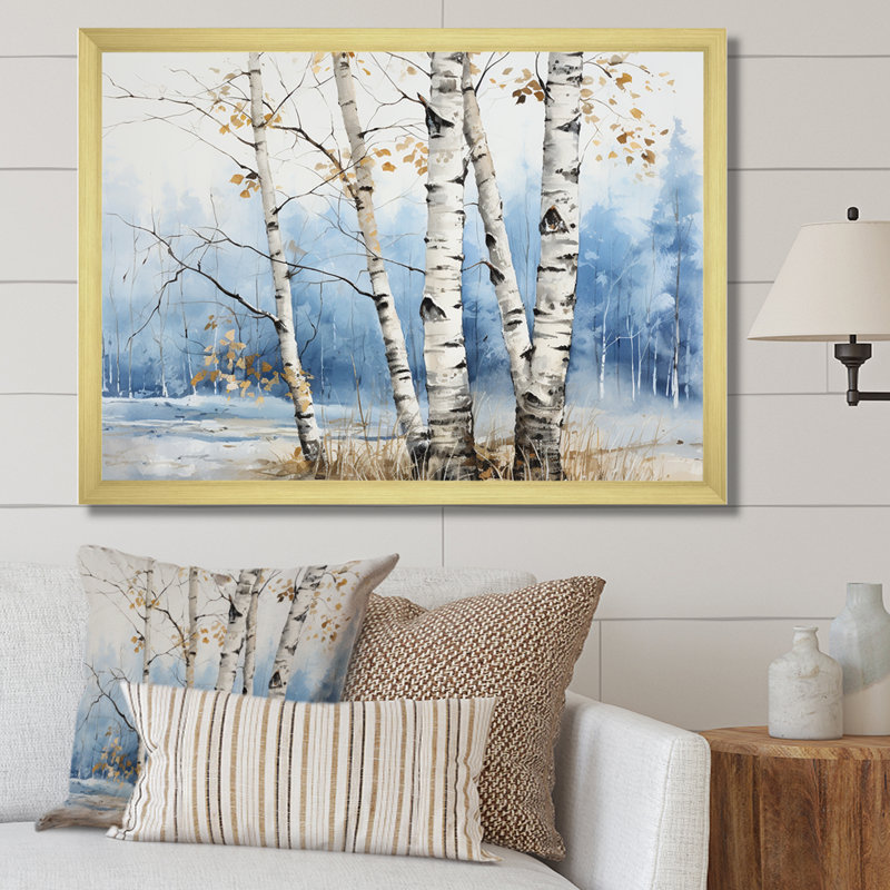«White Birch Trees Forest Winter Scenery II», reproduction sur toile, Cadre photo doré simple, H 30 po x l 40 po x P 1,5 po