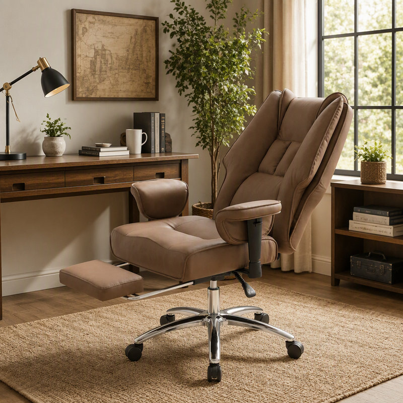 Fauteuil de bureau ergonomique ergonomique avec repose-pieds, fauteuil de bureau inclinable et pivotant avec accoudoirs réglables, siège à ressorts, dossier haut, coussin épais, similicuir adapté aux animaux de compagnie, brun
