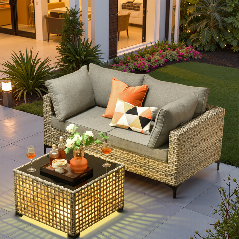Canapé modulaire d'extérieur pour 2 personnes avec coussins et table basse à DEL, ensemble de patio en osier toutes saisons