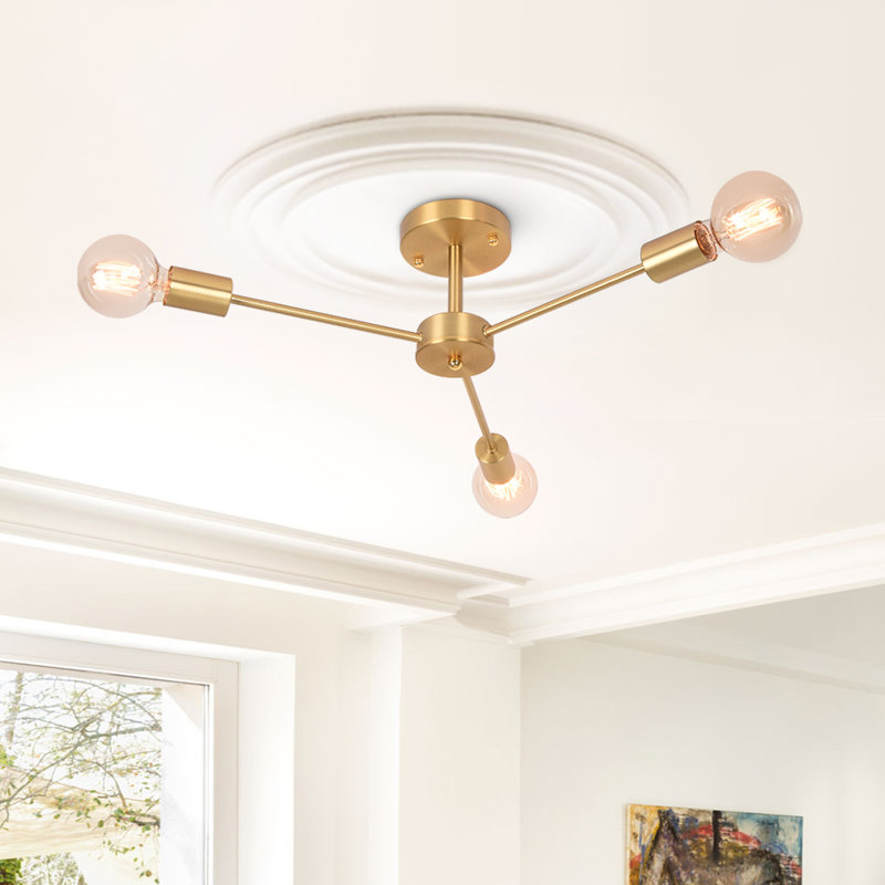 Wray 3-Light 60cm Industrial Sputnik Semi Flush Mount Geometric Chandelier, Gold