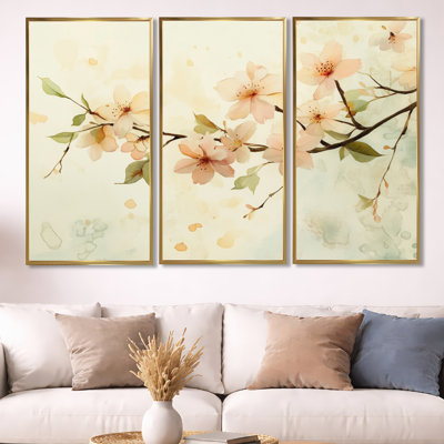 Earthy Floral Canvas, Cherry Blossom Wall Art Neutral - Cherry Blossoms Earthy Brown Stems 3 Piece Framed Canvas Wall Art Set Modern Floral Decor