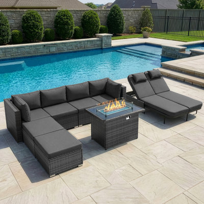 Outdoor Wicker Conversation Set With 60,000 Btu Fire Pit And Double Chaise Lounge