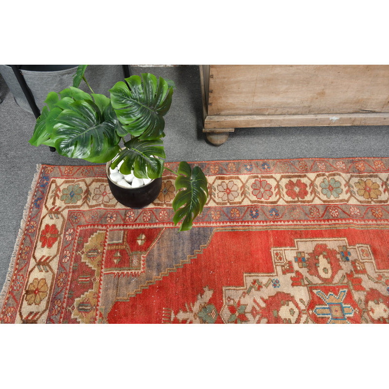 Tapis traditionnel turc traditionnel en laine rouge d'Anatolie idéal pour la cuisine et la décoration rétro rouge / beige