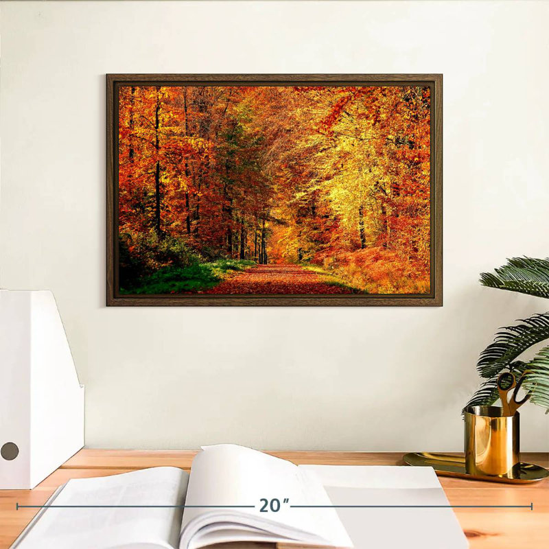 Chemin vers la forêt d'automne, 13 po x 9 po, Cadre flottant noyer