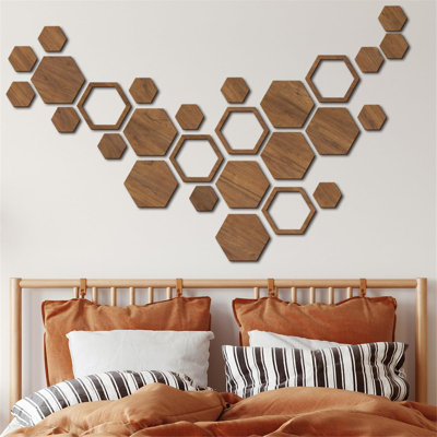 Trinx Wooden Hexagon Wall Art Decor, 27 PCS 3D Removable Hexagon Wall Stickers Honeycomb Decor, Wood Hexagon Wall Decor Panels DIY Hexagonal Wall Decals For