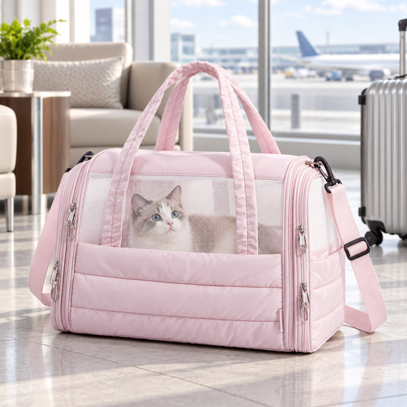 Soft-Sided Quilted Cat Carrier with Mesh Panels and Removable Pad