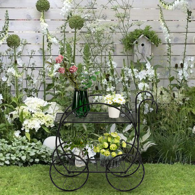 Modern Cart-style Plant Stand With Handle - 2-layer Black Metal Rack For Home, Deck & Patio Decor by Latitude Run