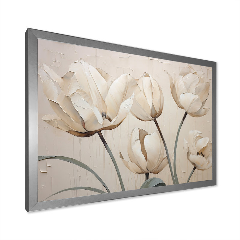 Minimalisme, tulipes blanches symphonie II sur toile, Cadre simple argenté, H 24 po x l 32 po x P 1 po