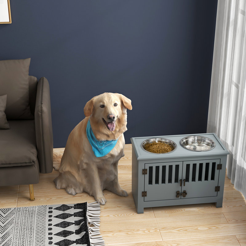 Gray Elevated Dog Feeding Station With Space - Promoting Dogs' Comfortable Eating Large Cabinet Bowls For Better Health