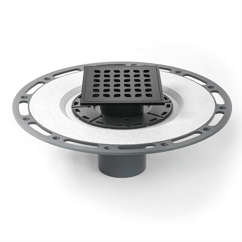 4 In. X 4 In. Stainless Steel Square Shower Drain With PVC Bonding Flange, Matte Black